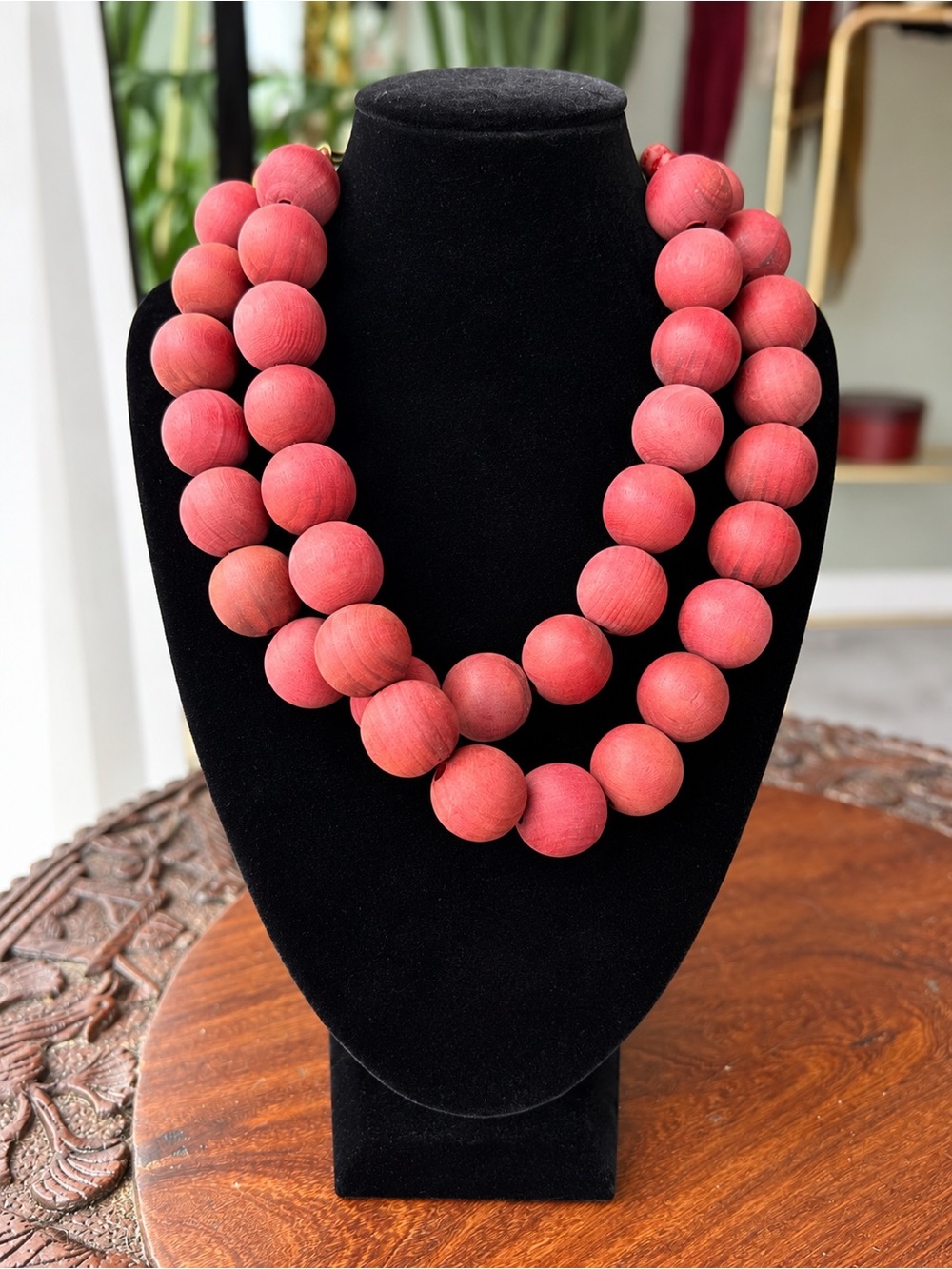 Vintage Chunky Red Wood Bead Double Strand Statement Necklace Boho Adjustable